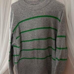 aerie Gray Crewneck Sweater with Green Stripes